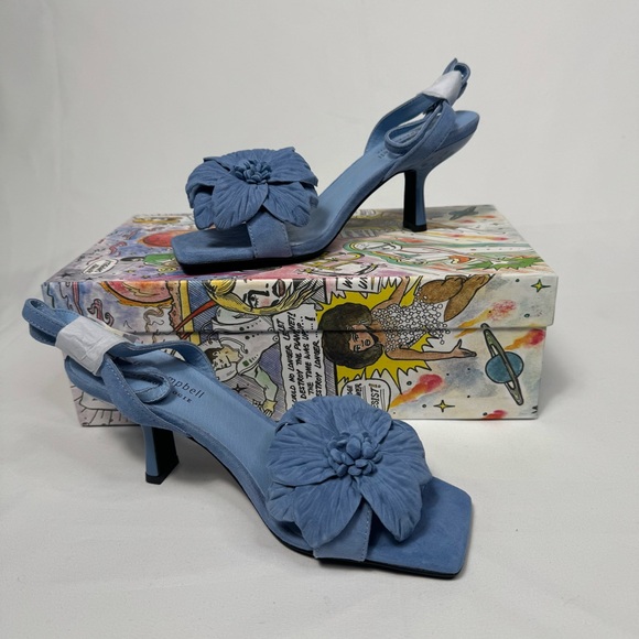 New Jeffrey Campbel Essence Kitten Heels Blue Suede Floral Anthro Womens - Picture 5 of 16